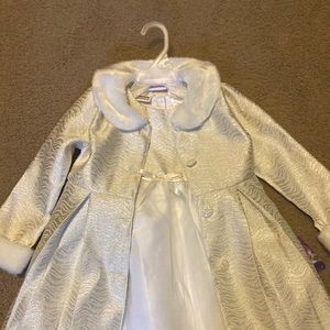2 piece set- sparkly cream dress with matching fur trimmed jacket